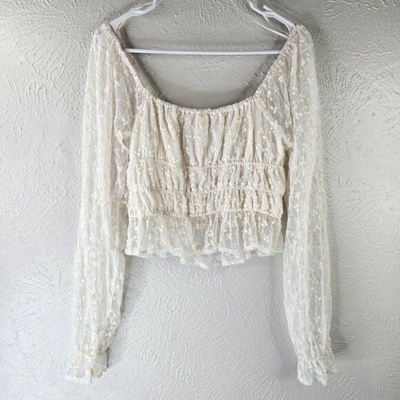 Sheer Off Shoulder Blouse M White Smocked Bell Sleeve Coquette Fairy Boho Top - Picture 2 of 11